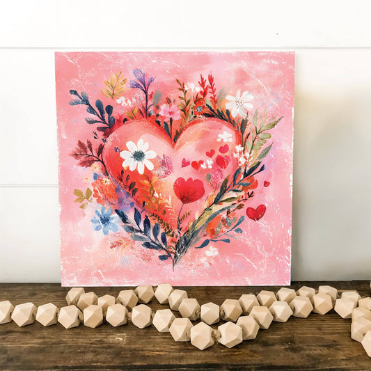 Pink Heart with Flowers Canvas  14" x 14"